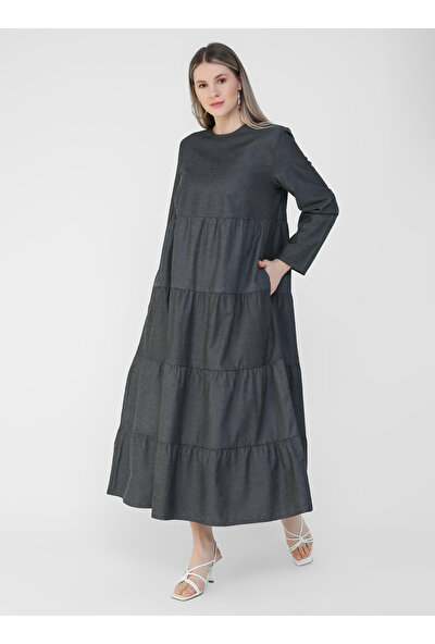 Büyük Beden Doğal Kumaşlı Kot Elbise - Siyah - Alia