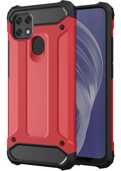 Oppo A15 Kapak Çift Katmanlı Zırh Tank Kılıf - Kırmızı