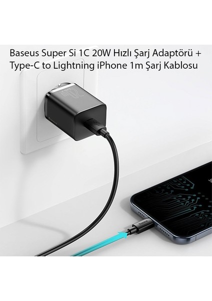 Super Si 1c 20W Hızlı Şarj Adaptörü + Type-C To Lightning iPhone Uyumlu 1m Şarj Kablosu TZCCSUP-B01