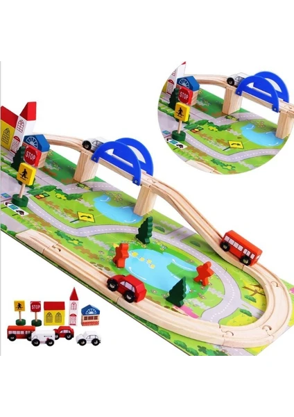 Sam Toys Ahşap 40 Parça Köprülü Trafik Seti