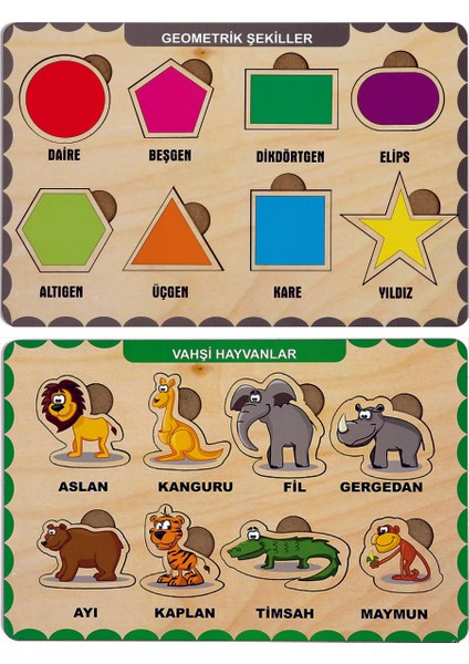 Ahşap Bul Tak Eğitici 2 Adet Yapboz Puzzle Seti