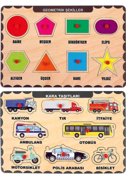 Ahşap Tutmalı Eğitici 2 Adet Yapboz Puzzle Seti