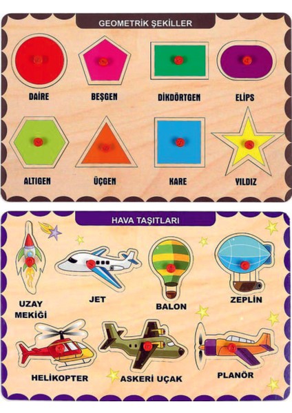 Ahşap Tutmalı Eğitici 2 Adet Yapboz Puzzle Seti
