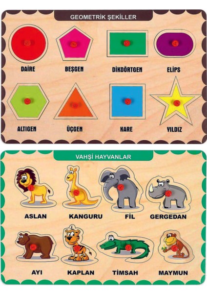 Ahşap Tutmalı Eğitici 2 Adet Yapboz Puzzle Seti
