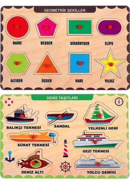 Ahşap Tutmalı Eğitici 2 Adet Yapboz Puzzle Seti