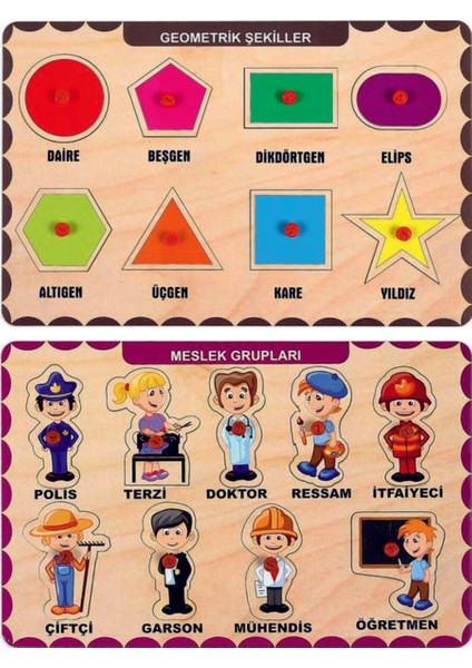 Ahşap Tutmalı Eğitici 2 Adet Yapboz Puzzle Seti