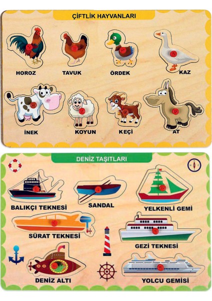 Ahşap Tutmalı Eğitici 2 Adet Yapboz Puzzle Seti