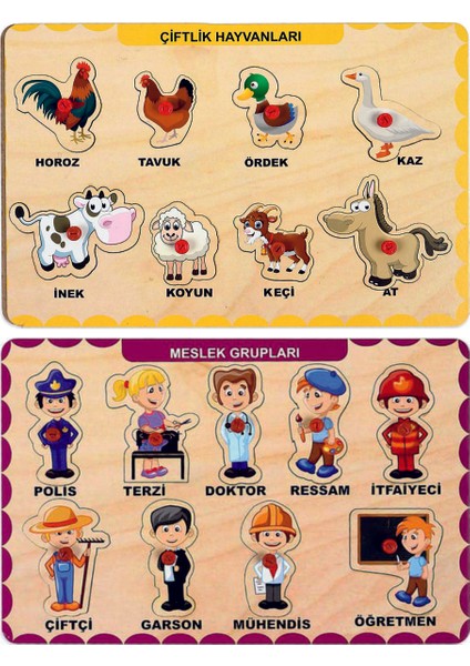Ahşap Tutmalı Eğitici 2 Adet Yapboz Puzzle Seti