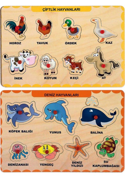 Ahşap Tutmalı Eğitici 2 Adet Yapboz Puzzle Seti