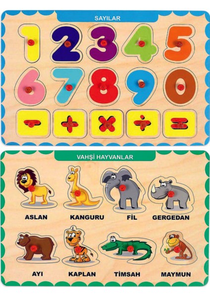 Ahşap Tutmalı Eğitici 2 Adet Yapboz Puzzle Seti