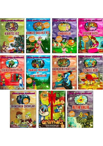 Dünya Çocuk Klasikleri Büyük Boy Resimli 6-9 Yaş Arası En Sevilen Masallar Seti+Eğlenceli Kum Boyama Seti
