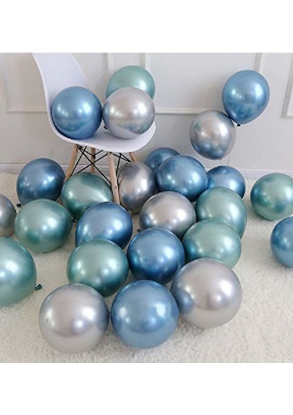 Krom Parlak Metalik Yeşil-Mavi-Gümüş Renk 5'li Balon ( 3'lü Renk Seti )