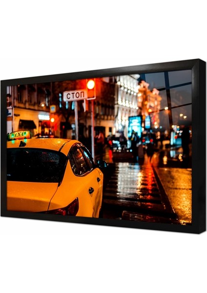 Şehirde Sarı Taksi Çerçeveli Cam Tablo