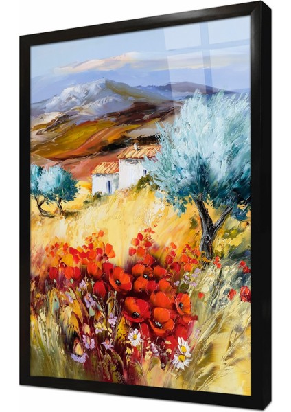 Gelincik ve Köy Evi Manzara Çerçeveli Cam Tablo