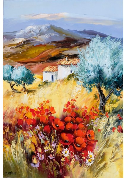 Gelincik ve Köy Evi Manzara Çerçeveli Cam Tablo fiyatları