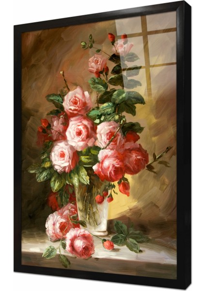 Vazoda Pembe Çiçekler Çerçeveli Cam Tablo