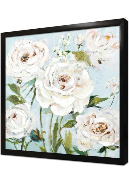 Beyaz Çiçekler Çerçeveli Cam Tablo