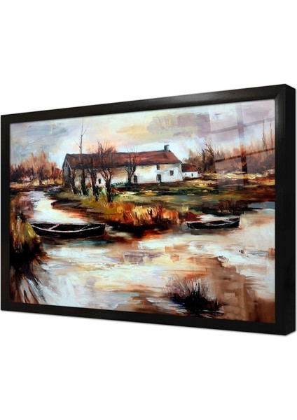 Dere Kenarında Köy Evi ve Sandallar Çerçeveli Cam Tablo