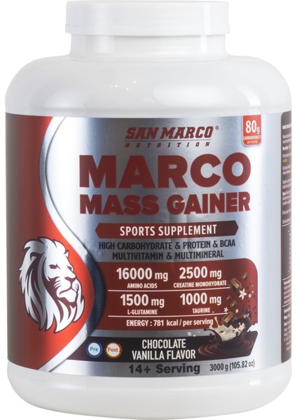 Sanmarco Nutrition Marco Mass Gainer Çikolata & Vanilya Aromalı 3000 gr