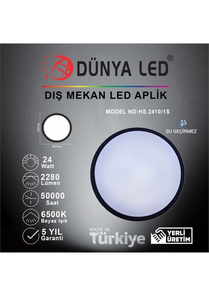 HS.2410/1-S 24W Siyah Kasa LED Glob Armatür 6500K Beyaz Işık