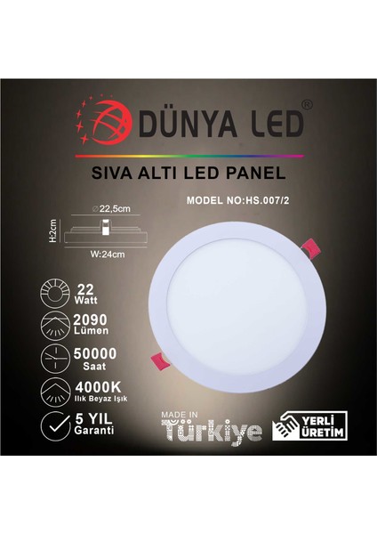 HS.007/2 22W Sıva Altı LED Panel 4000K Ilık Beyaz Işık