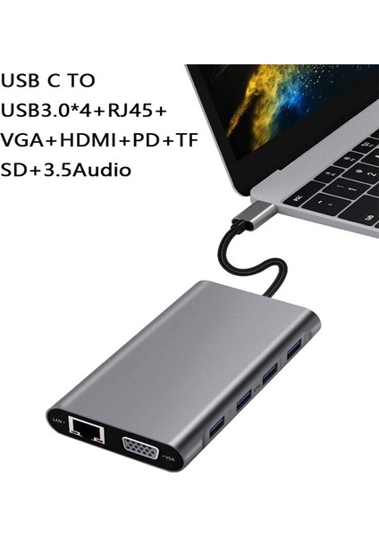 USB 3.1 Type-C – 11IN1 4xusb 3.0+Hdmı+Vga+Usb 3.1 Type-C + RJ45 Ethernet+ Sd/micro Sd Kart Çevirici Adaptör CDG-CNV49