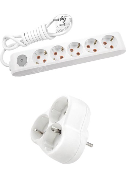 Beyaz Set Multi-Let 5'li Anahtarlı Topraklı Ç.k. Grup Priz 3 Metre + 3'lü Yonca Fiş-Priz