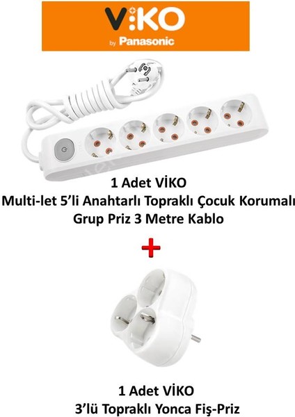 Beyaz Set Multi-Let 5'li Anahtarlı Topraklı Ç.k. Grup Priz 3 Metre + 3'lü Yonca Fiş-Priz