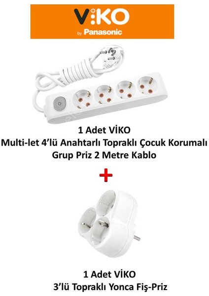 Beyaz Set Multi-Let 4'lü Anahtarlı Topraklı Ç.k. Grup Priz 2 Metre + 3'lü Yonca Fiş-Priz