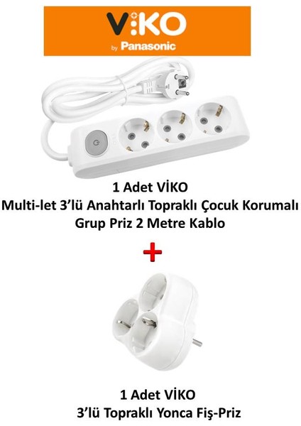 Beyaz Set Multi-Let 3'lü Anahtarlı Topraklı Ç.k. Grup Priz 2 Metre + 3'lü Yonca Fiş-Priz