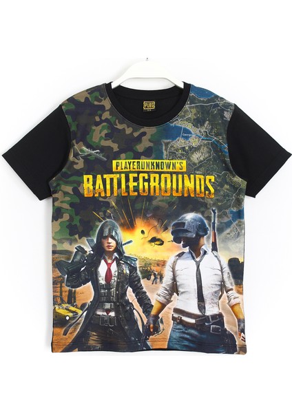 PUBG Mobile Oyun Baskılı Erkek Çocuk Kısa Kollu Yazlık Kamuflaj T-Shirt Siyah 001-0001725