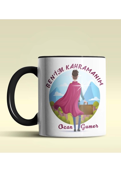 Kişiye Özel Benim Kahramanım Tasarımlı Siyah Renkli Kupa