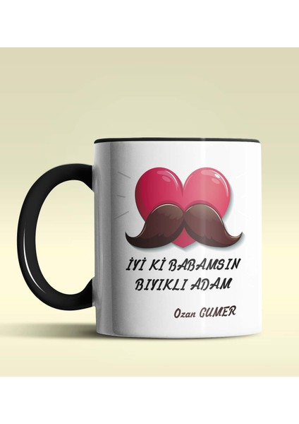 Kişiye Özel Iyiki Babamsın Bıyıklı Adam Tema Siyah Kupa Bardak