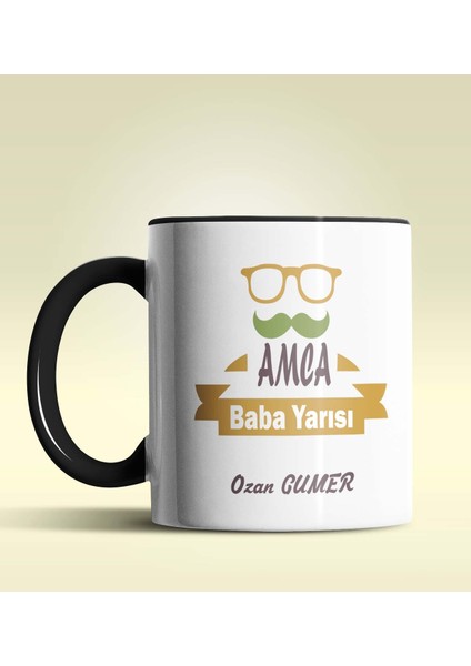 Kişiye Özel Amca Baba Yarısı Tasarımlı Siyah Kupa Bardak