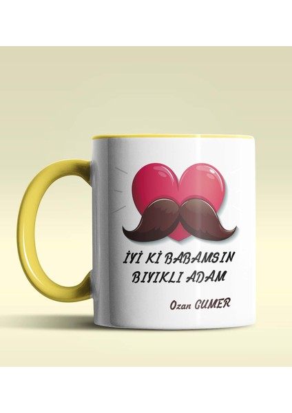 Kişiye Özel Iyiki Babamsın Bıyıklı Adam Tema Sarı Kupa Bardak