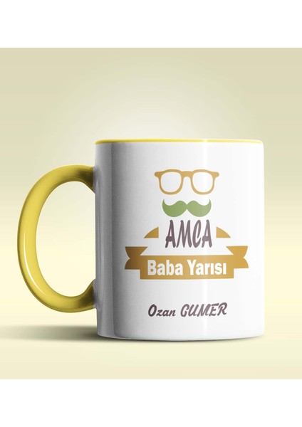 Kişiye Özel Amca Baba Yarısı Tasarımlı Sarı Kupa Bardak