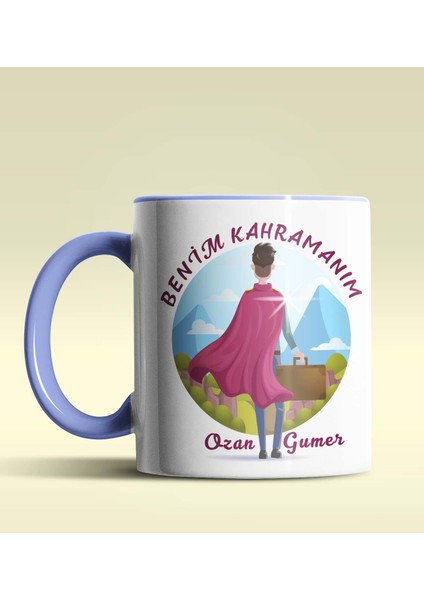 Kişiye Özel Benim Kahramanım Tasarımlı Mavi Renkli Kupa