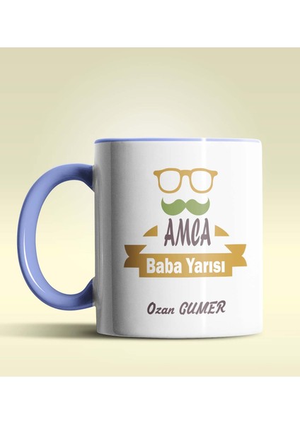 Kişiye Özel Amca Baba Yarısı Tasarımlı Mavi Kupa Bardak