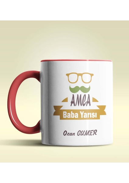 Kişiye Özel Amca Baba Yarısı Tasarımlı Kırmızı Kupa Bardak