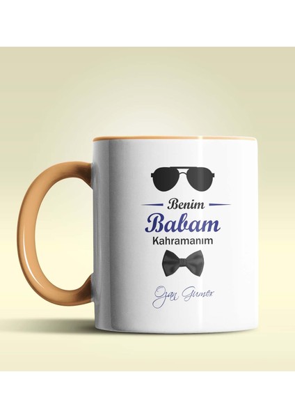 Kişiye Özel Benim Babam Kahramanım Tasarımlı Turuncu Kupa Bardak