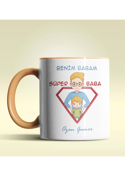 Kişiye Özel Benim Babam Süper Baba Tasarımlı Turuncu Kupa Bardak