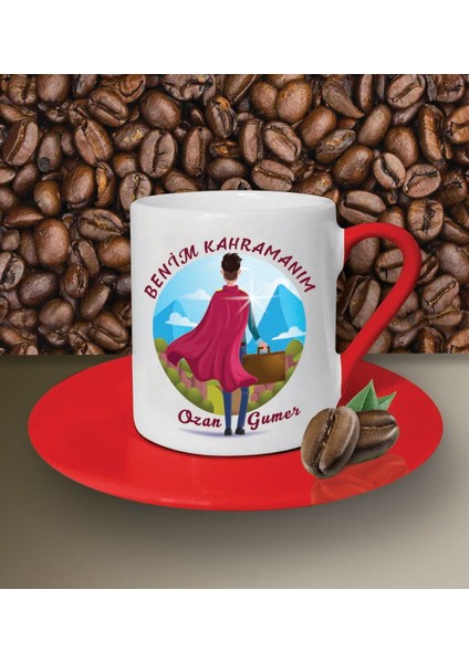 Kişiye Özel Benim Kahramanım Temalı Kırmızı Kahve Fincanı