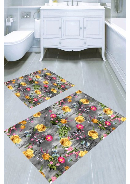 2'li Buhar Zemin Renkli Çiçek Desenli 50 x 60 cm - 60 x 100 cm Kaymaz Taban Yıkanabilir Banyo Paspası