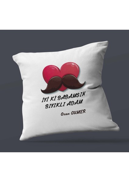 Kişiye Özel Iyiki Babamsın Bıyıklı Adam Tema Saten Kare Yastık