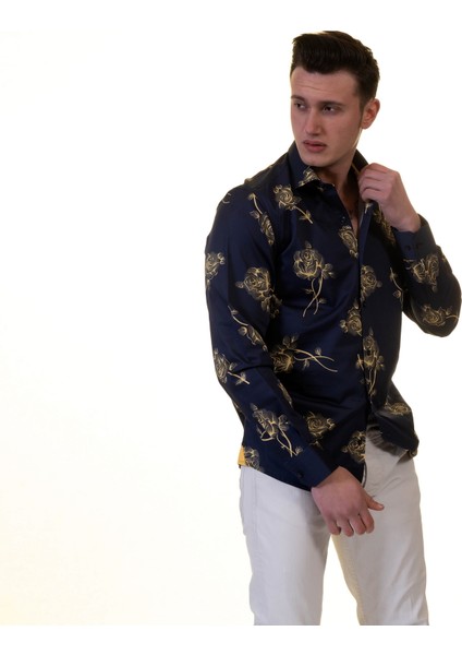 Lacivert Altın Gül Baskılı Tasarım Pamuk Rahat Bol Kesim Gömlek