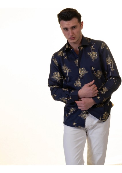 Lacivert Altın Gül Baskılı Tasarım Pamuk Rahat Bol Kesim Gömlek fiyatları