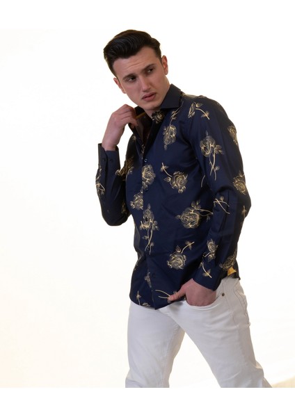 Lacivert Altın Gül Baskılı Tasarım Pamuk Rahat Bol Kesim Gömlek fırsatları