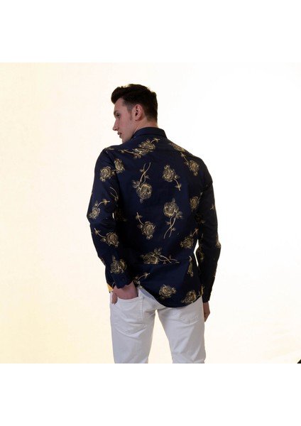 Lacivert Altın Gül Baskılı Tasarım Pamuk Rahat Bol Kesim Gömlek indirimleri
