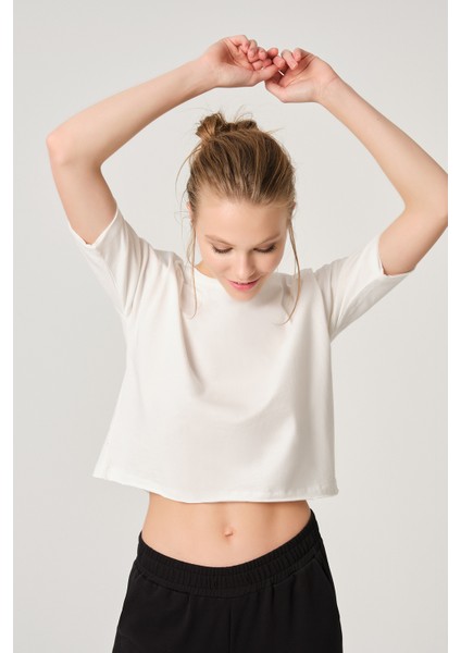 Ekru Modal Crop Basic T-Shirt