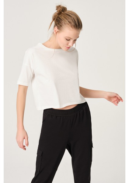 Ekru Modal Crop Basic T-Shirt